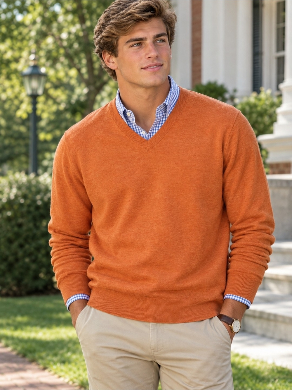 Brooks Brothers Supima Cotton V-Neck Orange Sweater Size XXL